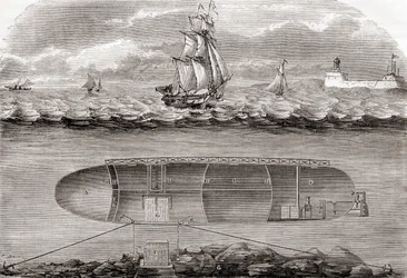 Dr Antoine Prosper Payernes 19e-eeuwse onderzeeër De Belledone, gebouwd in 1846, uit Les Merveilles de la Science, gepubliceerd c.1870